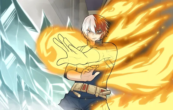 Огонь, лёд, аниме, арт, парень, Boku no Hero Academia, Моя геройская акадеимя, Todoroki shouto