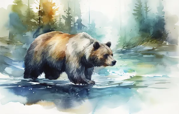 Лес, взгляд, берег, медведь, акварель, белый фон, живопись, водоем
