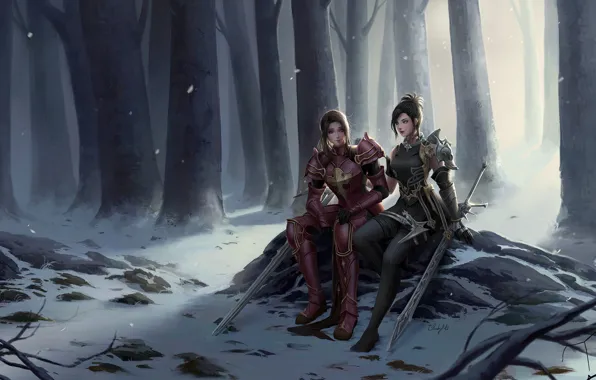 Картинка fantasy, forest, armor, trees, girls, winter, snow, weapons