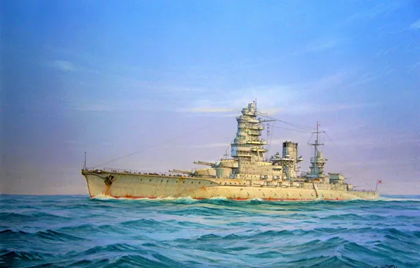 Море, рисунок, арт, линейный корабль, WW2, ВМФ Японии, типа Nagato