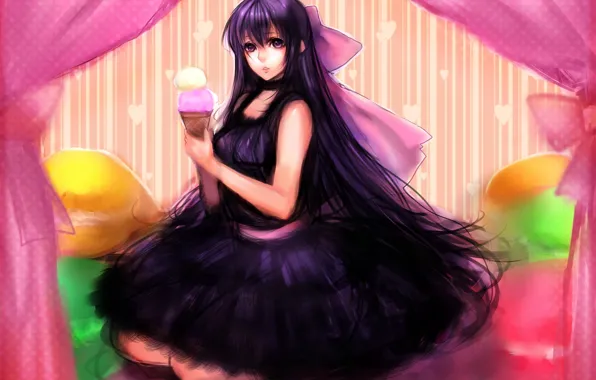 Картинка девушка, удивление, подушки, мороженое, постель, art, sasaki ryou