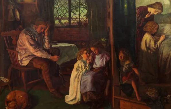 Картинка семья, 1862, собак, Arthur Hughes, Время ложиться спать