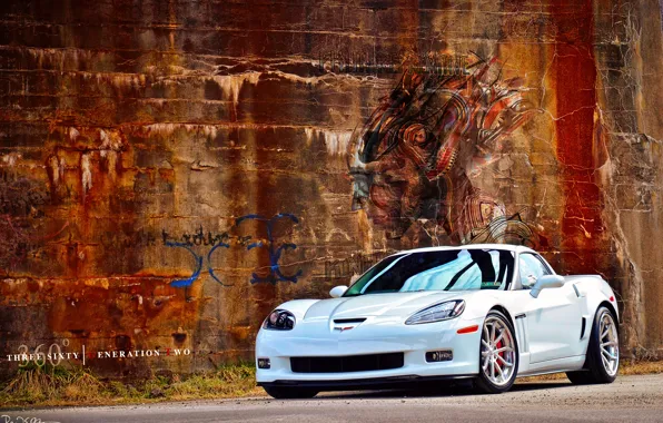 Картинка белый, стена, граффити, Chevrolet, диски, By 360 Forged Willam Stern, 360 Forged GT V Spoke, …