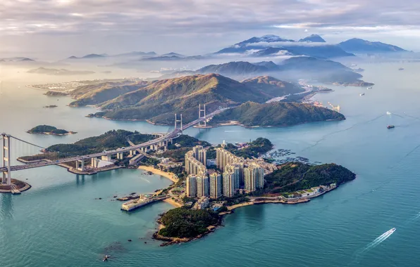 Картинка China, beach, sea, landscape, bridge, island, highway, Hongkong