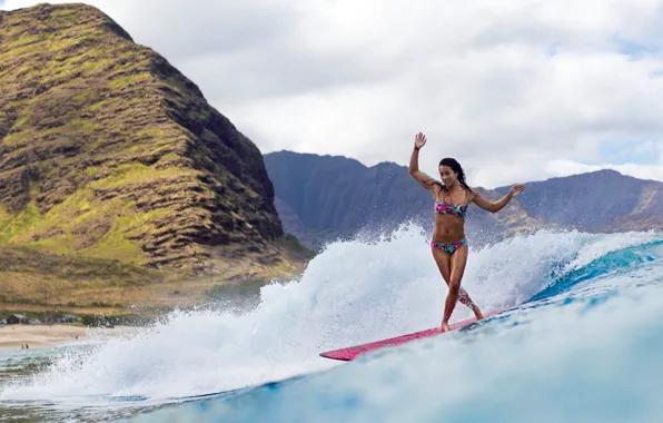 Картинка девушка, горы, океан, серфинг, доска, surfing