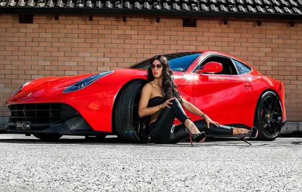 Взгляд, девушка, очки, Ferrari, Эротика, красный авто
