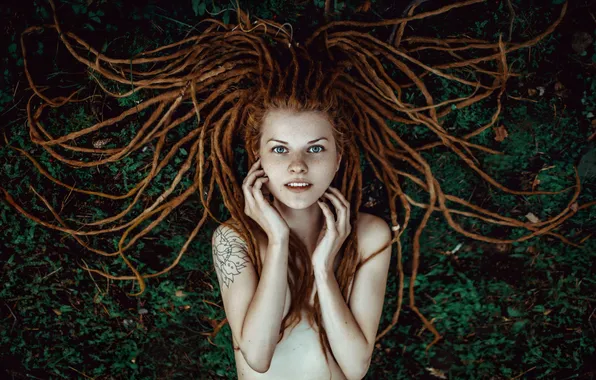 Девушка, стиль, портрет, лежит, рыжеволосая, дреды, косплей, Eva Wald