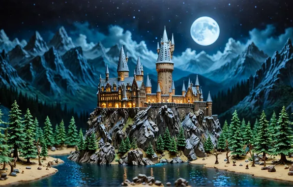 Moon, fantasy, forest, night, magic castle