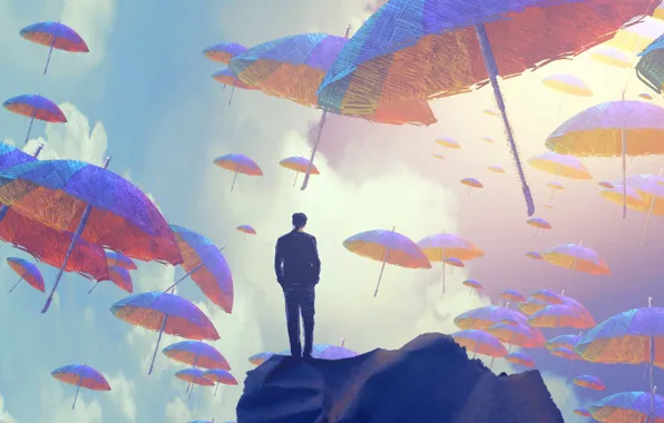 Небо, Зонтик, Sky, Арт, Мужчина, Art, Фантастика, Umbrella