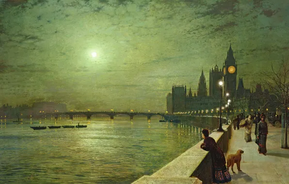 Картинка ночь, мост, река, люди, луна, Лондон, башня, собака