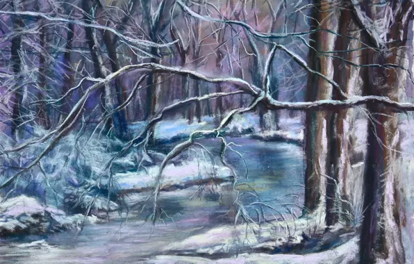 Картинка зима, снег, деревья, пейзаж, ветки, мороз, речка, живопись