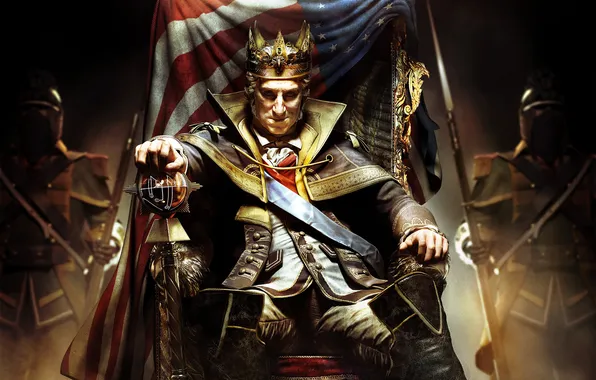 Картинка кресло, флаг, америка, трон, король, George Washington, Assassin’s Creed III, King