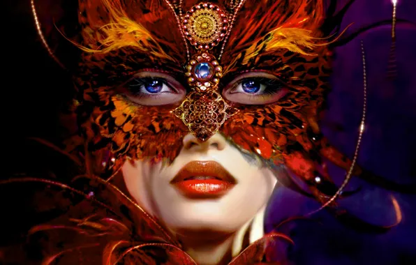Картинка украшения, Девушка, маска, перья синие глаза