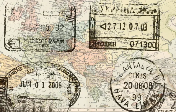 Map, stamps, europe passport