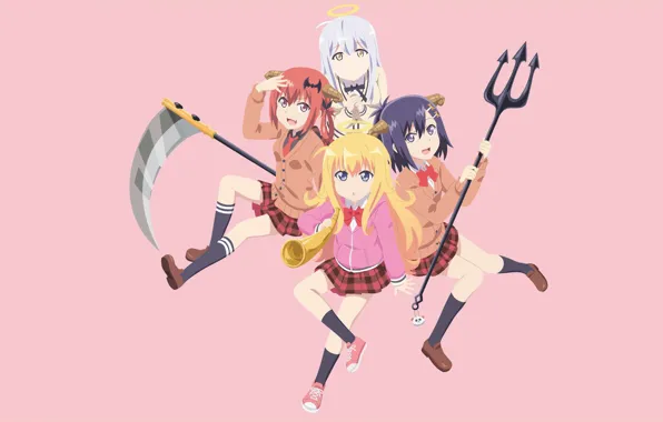 Devil, anime, angel, tenshi, scythe, sickle, akuma, trident