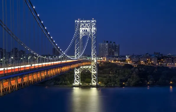 Мост, Нью-Йорк, ночной город, New York City, Hudson River, мост Джорджа Вашингтона, George Washington Bridge, …