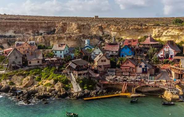 Море, камни, скалы, берег, лодки, деревня, домики, солнечно