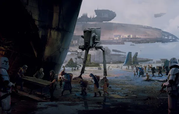 Star Wars, звездные войны, клоны, robots, digital art, at-st, airships