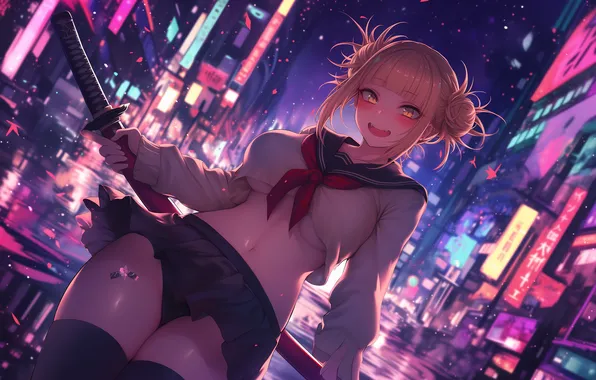 Аниме, арт, wallpaper, ночной город, neon, night city, himiko, my hero academia
