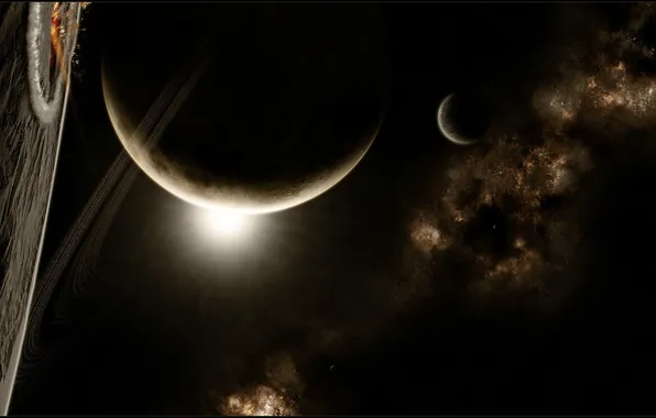 Картинка звезды, туманность, планеты, кольца, спутники, nebula, кратеры