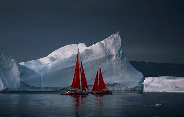 Картинка море, яхты, льды, айсберги, алые паруса, Гренландия