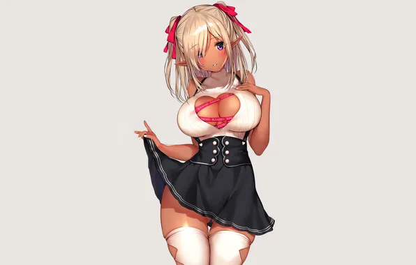 Girl, sexy, cleavage, blouse, thighhighs, long hair, boobs, anime