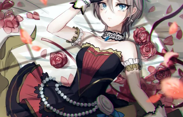 Girl, rose, sexy, Anastasia, cleavage, dress, boobs, anime