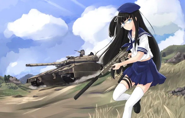 Girl, gun, weapon, anime, brunette, rifle, tank, japanese