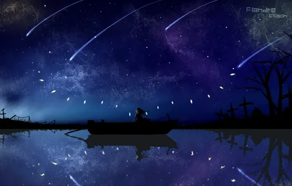 Небо, вода, девушка, звезды, ночь, лодка, крылья, аниме