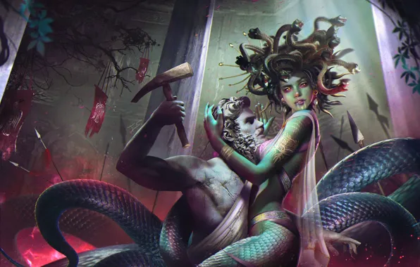 Змеи, женщина, статуя, чудовище, art, миф, Горгона Медуза, medusa gorgon