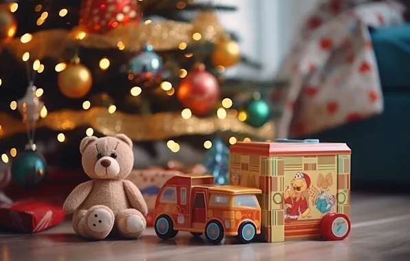 Игрушки, Рождество, мишка, Новый год, медвежонок, машинка, ёлочка, новогодняя ёлка