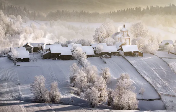 Зима, дома, деревня, храм, Winter Tale
