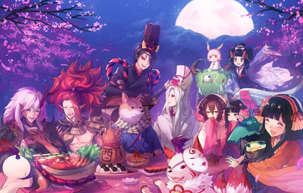 Луна, аниме, арт, существа, Onmyouji