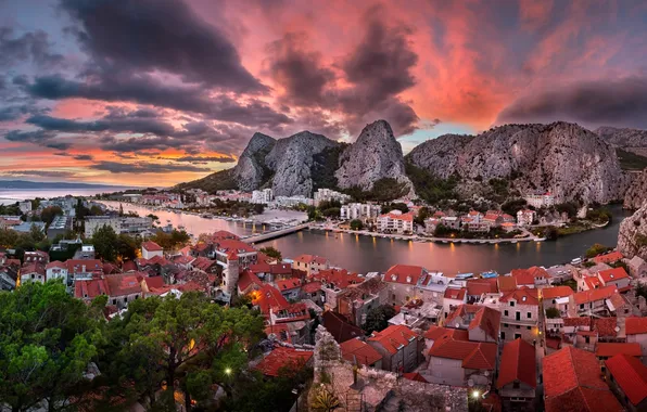 Закат, горы, здания, панорама, Хорватия, Croatia, Адриатическое море, Adriatic Sea