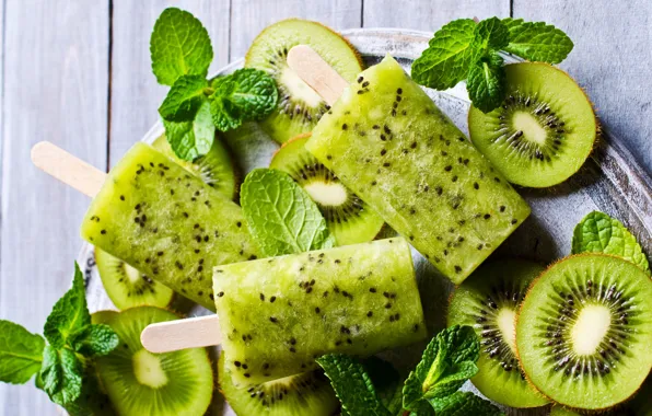 Киви, мороженое, мята, десерт, фруктовое