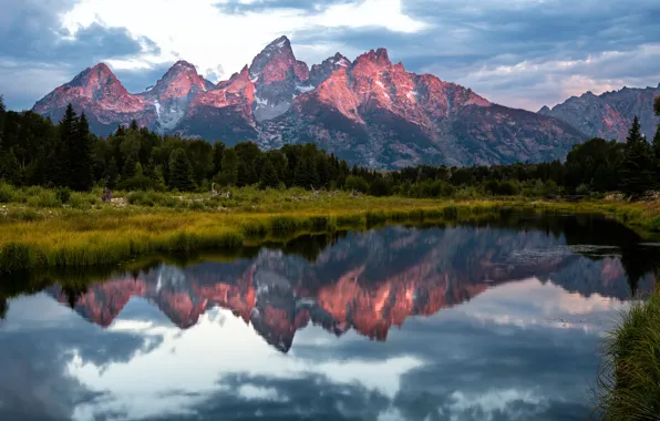 Горы, озеро, отражение, национальный парк, Гранд-Титон, Grand Teton National Park