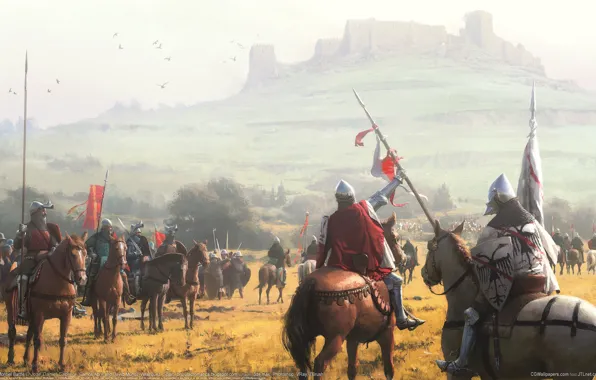 Картинка замок, кони, лошади, холм, битва, сражение, средневековье, рыцари