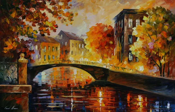 Картинка осень, деревья, пейзаж, дома, мостик, Leonid Afremov, городской
