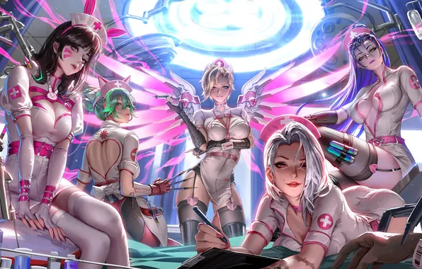 Blizzard, Ashe, Widowmaker, Mercy, D.Va, game art, Overwatch 2, Kiriko