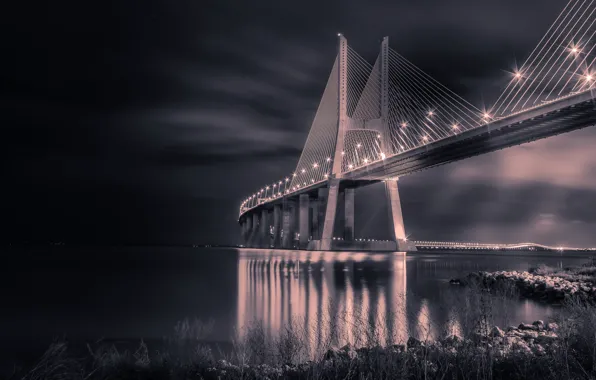 Ночь, мост, огни, опора, Португалия