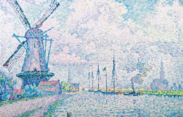 Картинка пейзаж, картина, ветряная мельница, Поль Синьяк, пуантилизм, Canal of Overschie