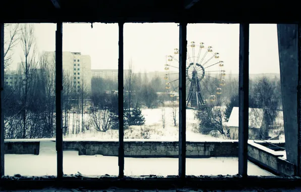 Картинка снег, деревья, дома, окно, карусель, припять, зона