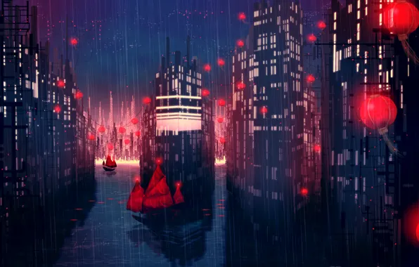 Картинка ночь, город, дождь, корабли, арт, фонари, красные, восток