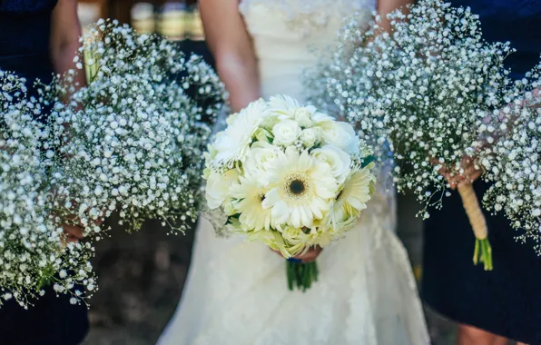 Цветы, белые, невеста, свадебный букет, подружки невесты
