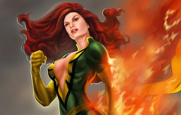 Взгляд, огонь, волосы, костюм, marvel, Феникс, феникс. девушка, Jean Grey-Summers