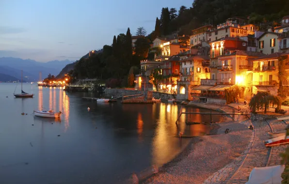 Lights, Italy, sunset, lake, evening, houses, boats, Como
