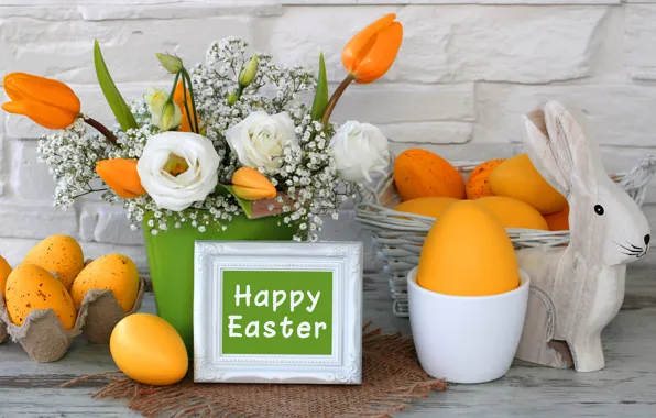 Картинка decoration, Easter, Пасха, тюльпаны, tulips, happy, yellow, яйца крашеные
