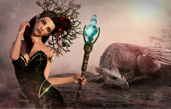 Girl, fantasy, dragon, sorceress, enchanted