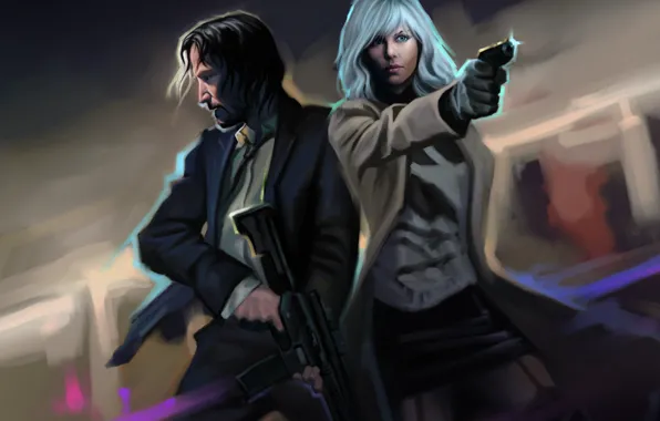 Charlize Theron, женщина, блондинка, мужчина, убийца, art, Keanu Reeves, john wick