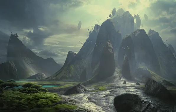 Картинка горы, скалы, растительность, Metal World